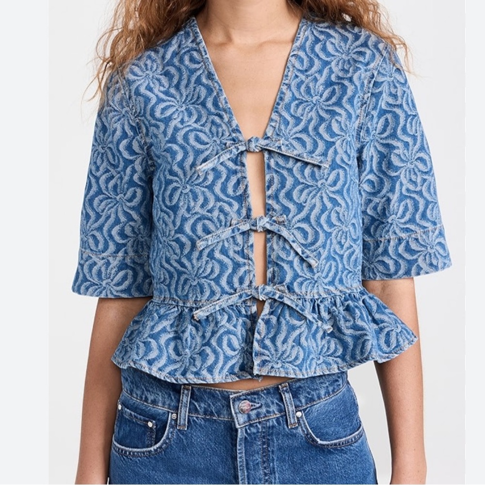 GANNI Jacquard Denim Flounce Tie Blouse